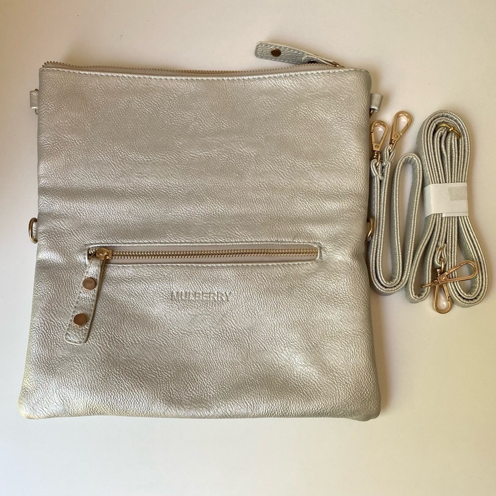 Mulberry Leather Gray Metalic Silver Foldable Clutch Bag with Shoulder 2 Straps - Picture 3 of 13